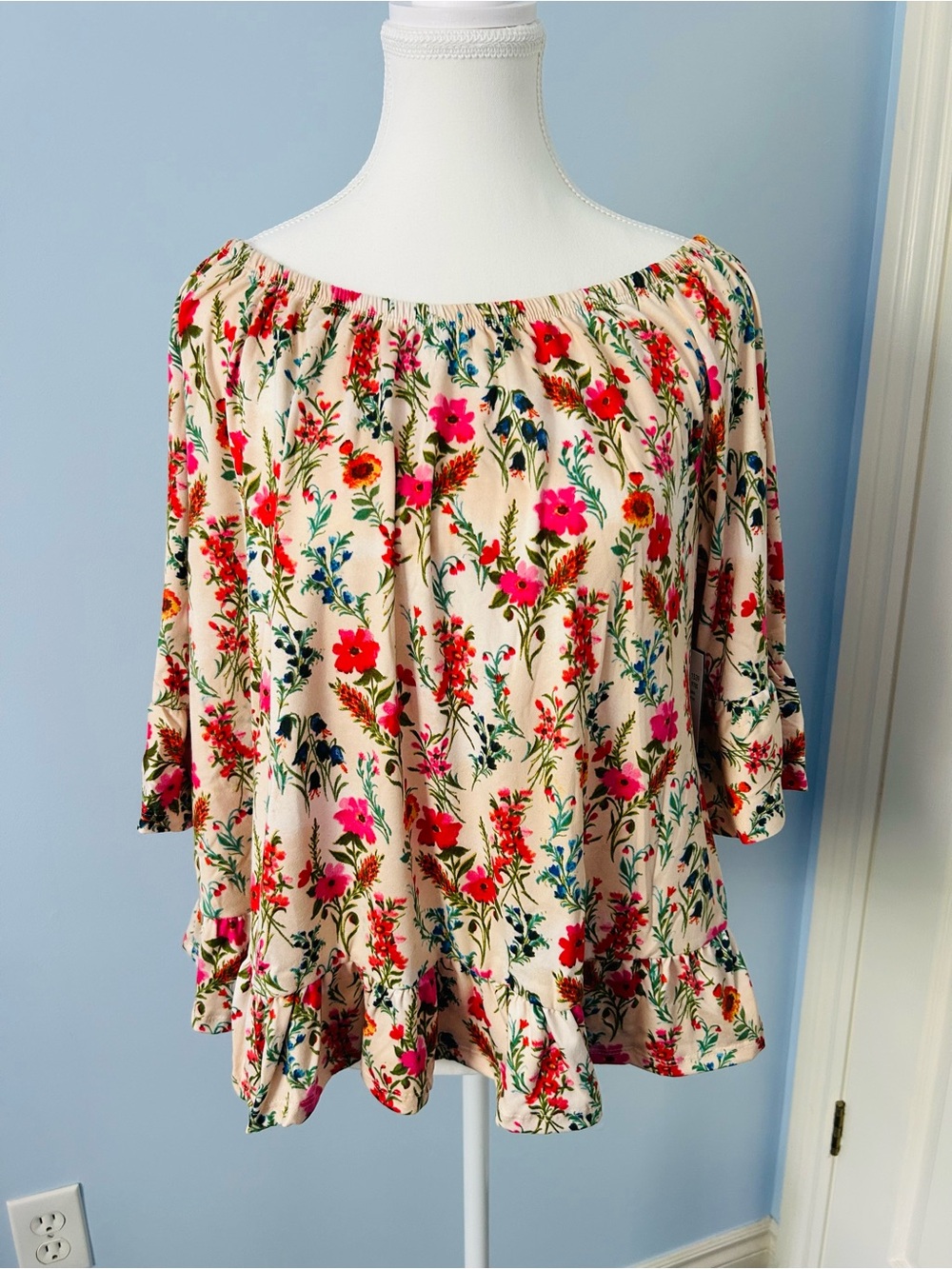INC International Concepts Cream Floral Off-Shoulder Ruffle Blouse